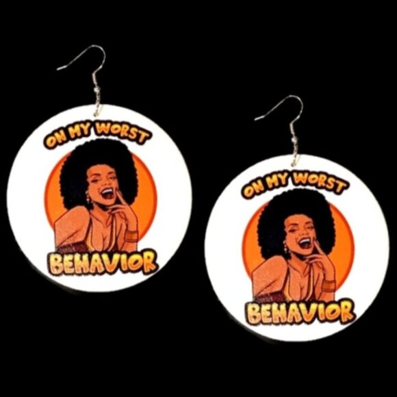 Foxy Afro Queen Smile On My Worst Behavior Large Statement Dangle Wood Earrings - Picture 1 of 5